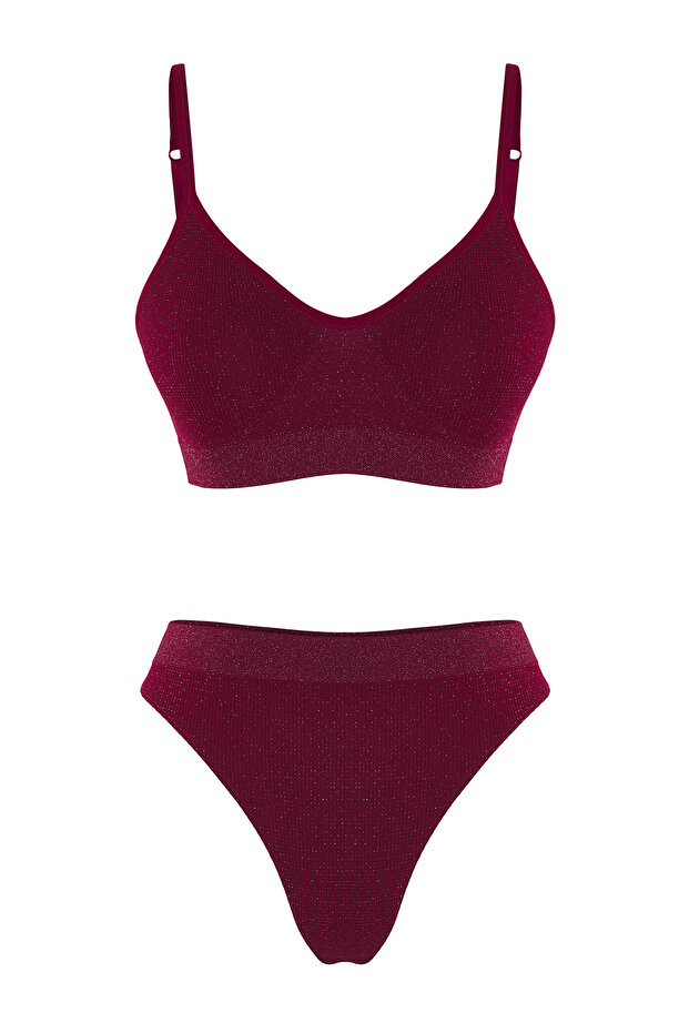 Bordo Seamless/Dikişsiz Simli/Parlak Kapsız Askılı Örme İç Çamaşırı Takımı THMSS25CC00001 - 5
