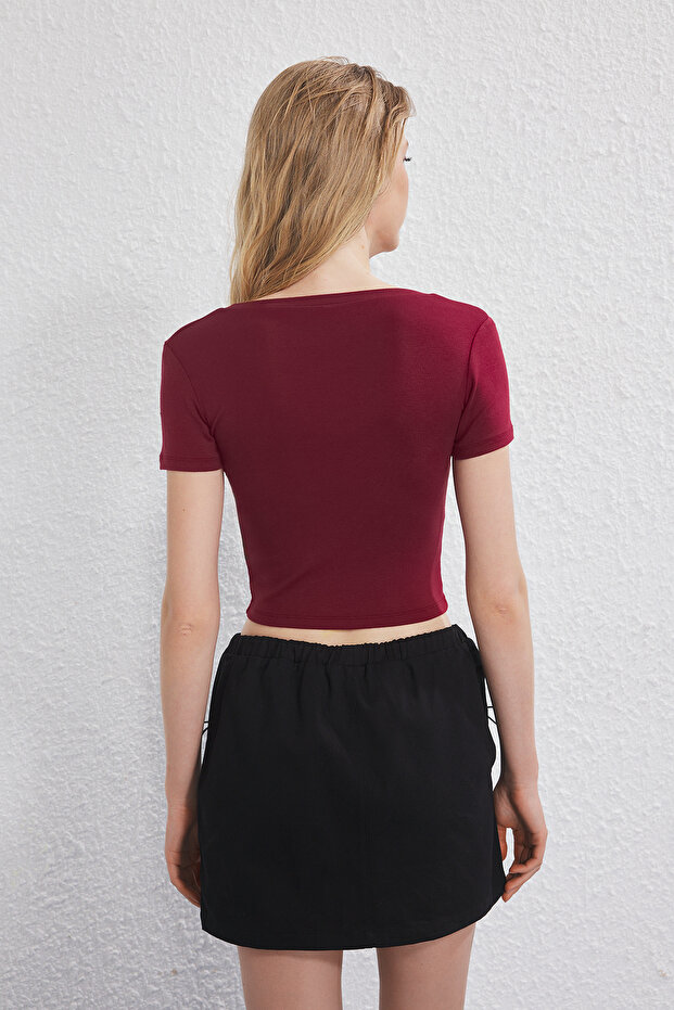 Siyah-Bordo 2'li Paket V Yaka Vücuda Oturan Crop Esnek Örme Bluz TWOSS25BZ00504 - 5