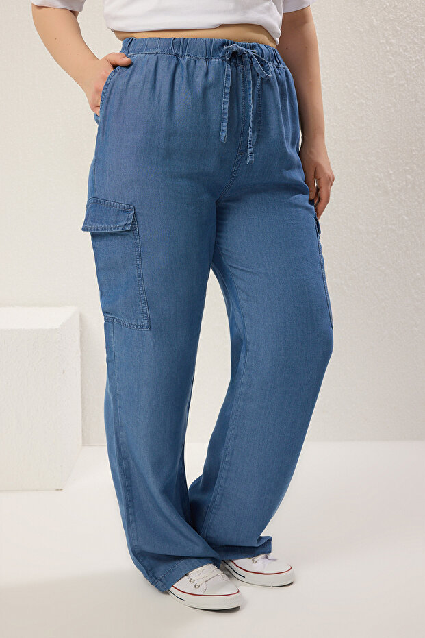 Mavi Yüksek Bel Beli Lastikli Geniş Paça İnce/Yazlık Büyük Beden Wide Leg Jeans TBBSS25CJ00003 - 3
