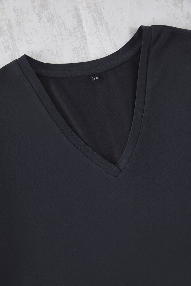 Antrasit V Yaka Modal Dökümlü Rahat Büyük Beden T-shirt TBBSS25BF00053 - 6