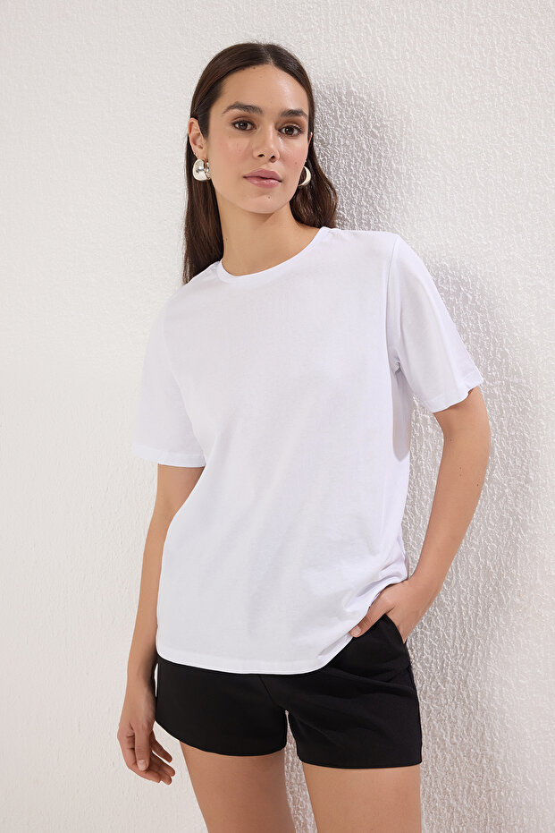 Beyaz-Beyaz Basic %100 Pamuk Bisiklet Yaka 2'li Paket Örme T-Shirt TWOSS20TS0141 - 3