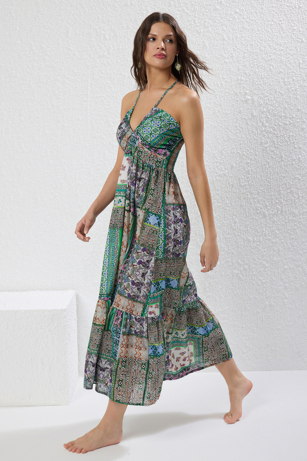 Etnik Desenli Dokuma Cut Out Detaylı %100 Pamuk Maxi Plaj Elbise TBESS25EL00110 - 1