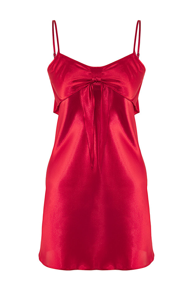 Bordo Kurdele/Fiyonk Detaylı İp Askılı Saten Dokuma Gecelik THMSS25GC00023 - 5