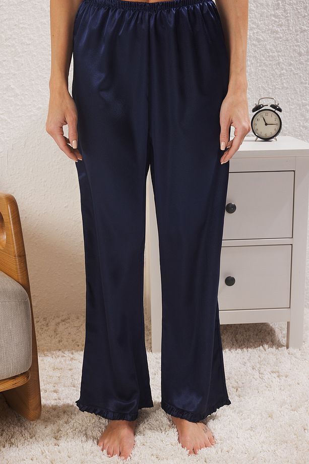 Lacivert Fırfırlı İp Askılı Saten Dokuma Pijama Takımı THMSS25PT00107 - 3