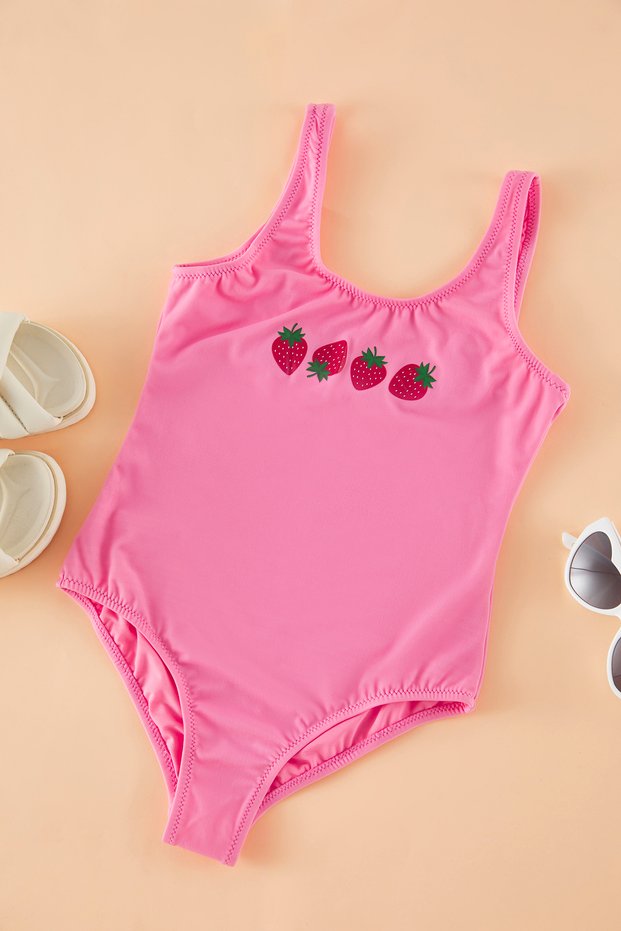 Fuchsia Strawberry Printed Strappy Girl's Swimsuit Tkdss25Ma00001