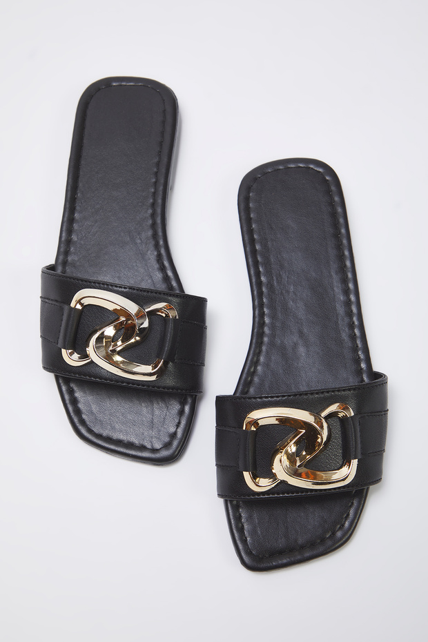 Czarne łańcuszkowe akcesorium, szczegółowe płaskie damskie kapcie TAKSS25TE00023 - 1