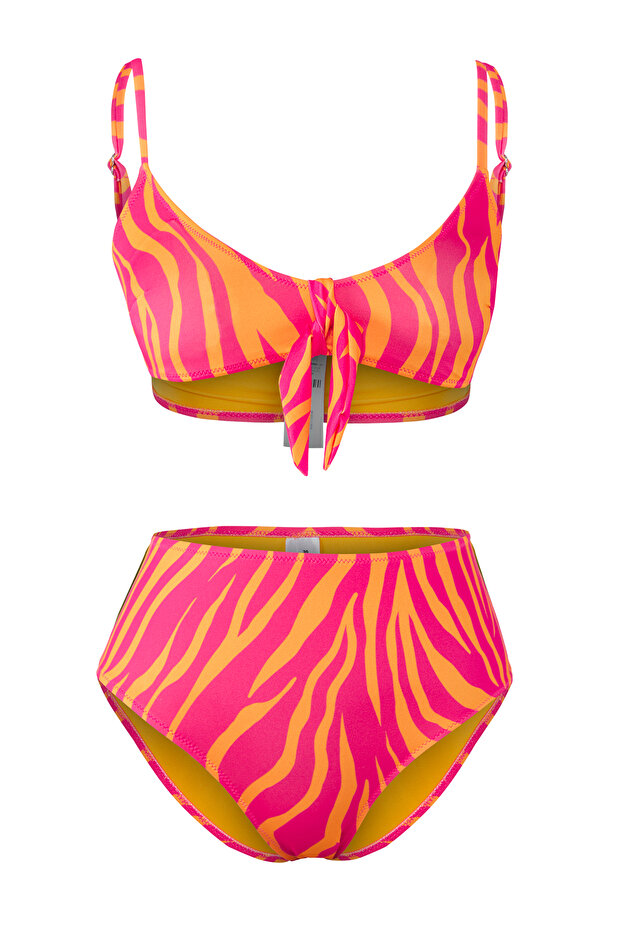Soyut Desenli Bağlamalı Bralette Kaplı Regular Yüksek Bel Bikini Takımı TBESS25BT00186 - 5