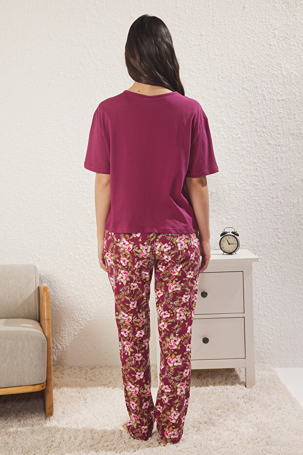 Fuşya-Çok Renkli %100 Pamuklu Çiçekli Örme Pijama Takımı THMSS24PT00230 - 4