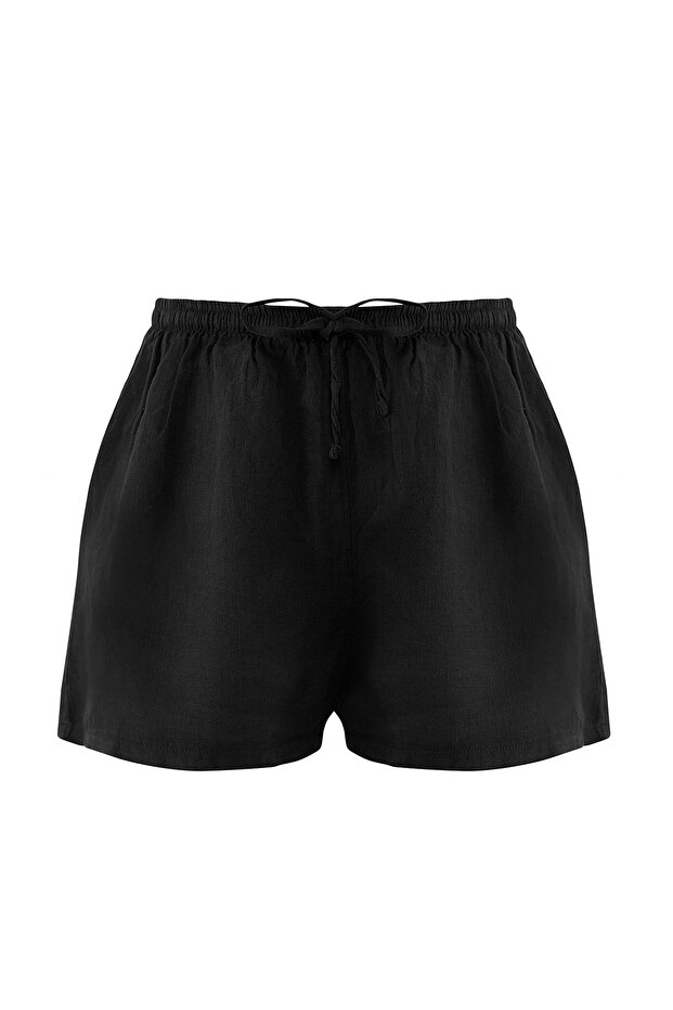 Siyah Premium Dokuma %100 Keten Plaj Mini Yüksek Bel Şort & Bermuda TBESS25SR00013 - 9