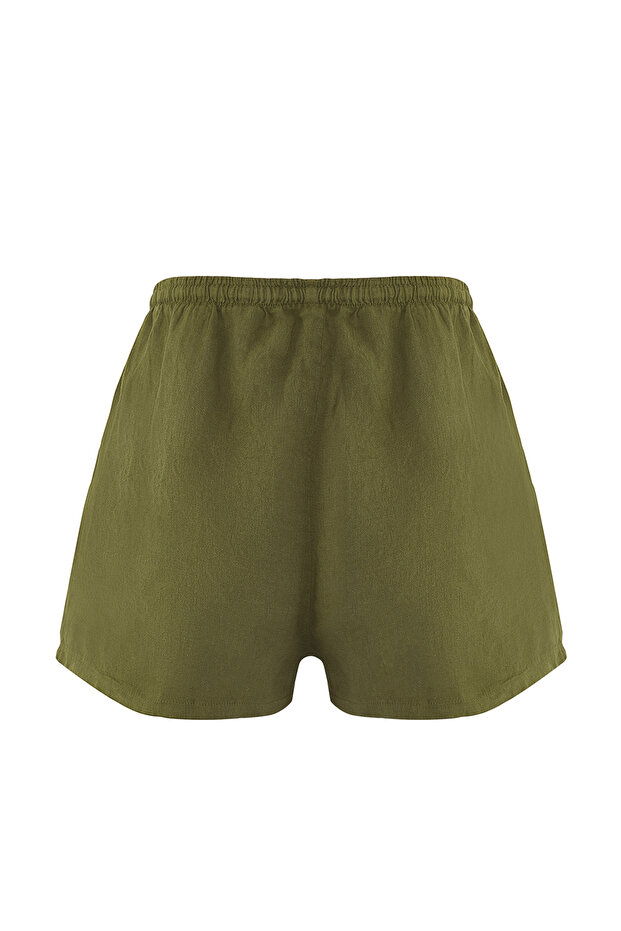 Haki Dokuma %100 Keten Plaj Mini Yüksek Bel Şort & Bermuda TBESS25SR00013 - 9