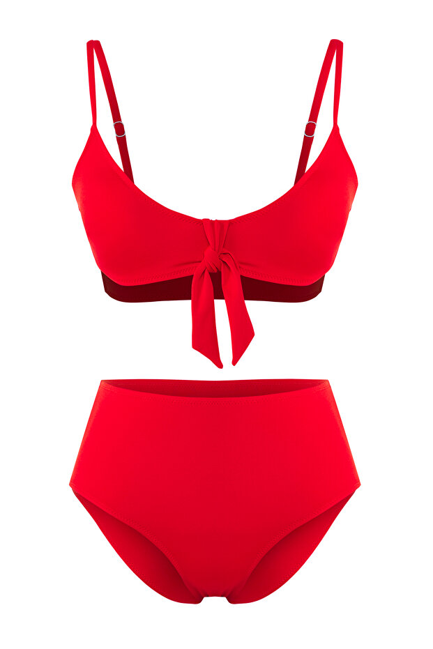 Kırmızı Bağlamalı Bralette Kaplı Regular Yüksek Bel Bikini Takımı TBESS25BT00186 - 6