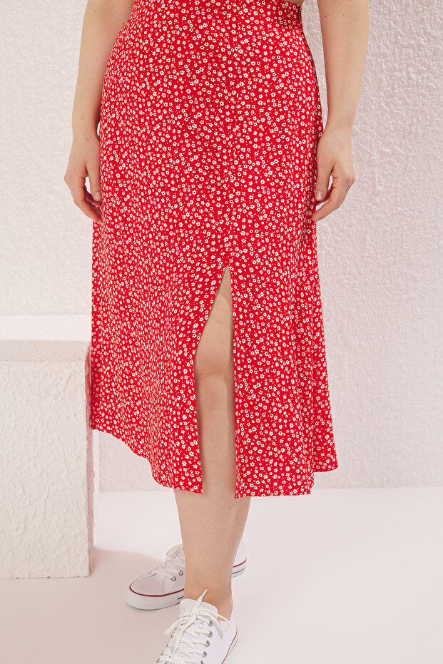 Czerwona, jaskrawo-kwiatowa, rozcięta, tkana spódnica midi z wiskozy TBBSS22AZ0001 - 3