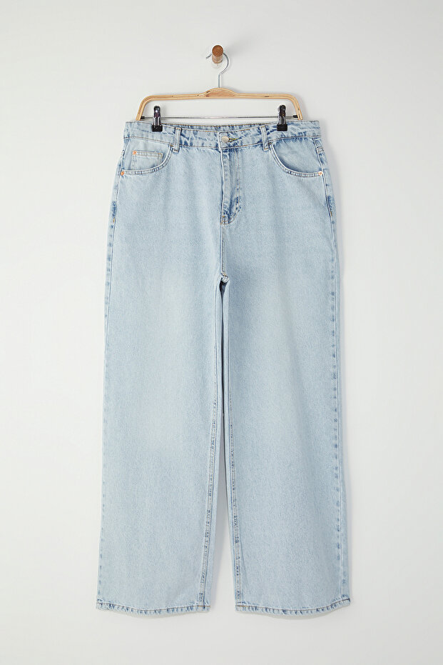 Açık Mavi Yüksek Bel Straight Fit %100 Pamuk Non-Strerch Denim Büyük Beden Jeans TBBSS24CJ00050 - 5