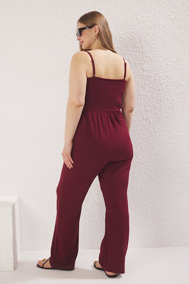 Bordo Askılı Örme Büyük Beden Tulum TBBSS25BG00001 - 4