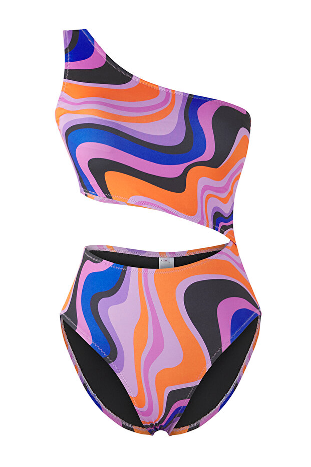 Batik Desenli Cut Out Detaylı Tek Omuz Kaplı Regular Mayokini TBESS23MA00243 - 5