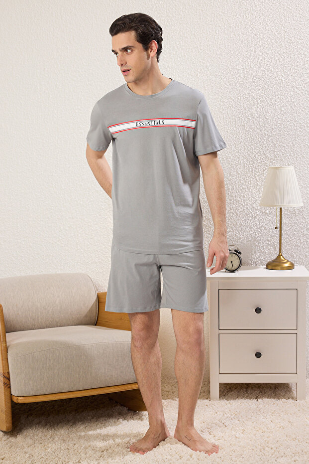 Gri Regular Fit Baskılı Şortlu Örme Pijama Takımı TMNSS25PT00016 - 1