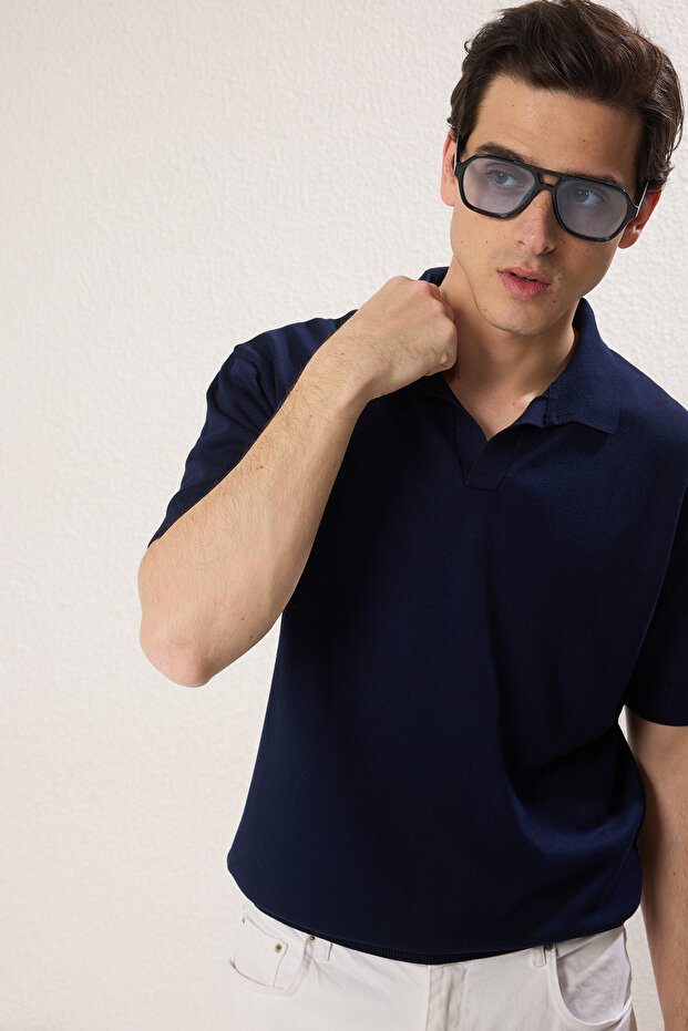 Lacivert Regular Polo Yaka Düz Polo Yaka T-shirt TMNSS25PO00008 - 1