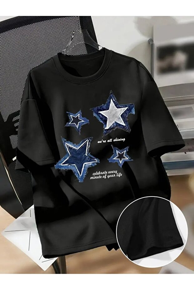 Star Print Off-Shoulder T-Shirt, Short Sleeve Crew Neck Casual Top for Spring and Summer, Women's Clothing