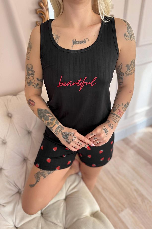 Siyah Beautiful Desenli Şortlu Marlenka Kadın Pijama Takımı - 6