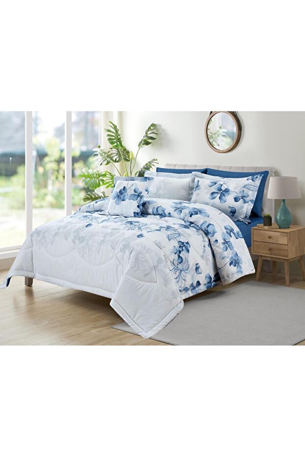 مفرش ان زون صيفي مزدوج 7 قطع || مشجر أبيض وكحلي - 1