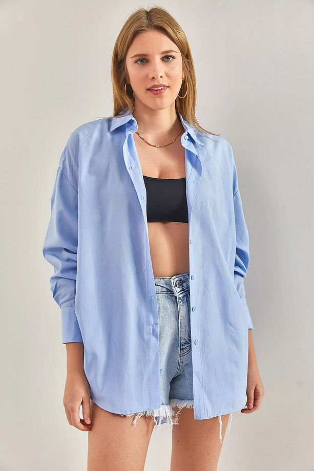 Kadın Oversize Yan İp Büzgülü Gömlek 60261509 - 6