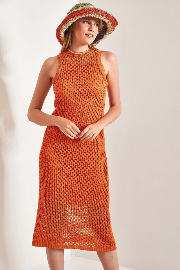 Women's Orange Crew Neck Openwork Lined Knitwear Dress 60261501