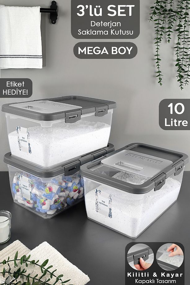 3 Adet Etiketli Deterjan Saklama Kutusu - Kilitli Kayar Kapak Tablet Toz Deterjan Kabı 10 Lt Gri - 1