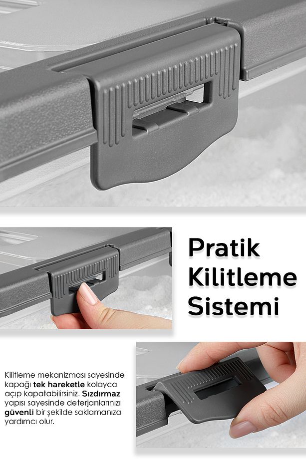 3 Adet Etiketli Deterjan Saklama Kutusu - Kilitli Kayar Kapak Tablet Toz Deterjan Kabı 10 Lt Gri - 4