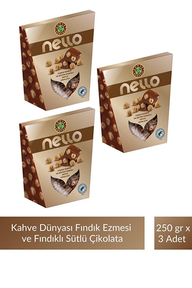 Kahve Dünyası Nello Fındık Ezmesi ve Bütün Fındıklı Sütlü Çikolata 250 gr x 3 Adet - 1
