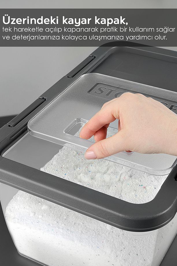 3 Adet Etiketli Deterjan Saklama Kutusu - Kilitli Kayar Kapak Tablet Toz Deterjan Kabı 10 Lt Gri - 2