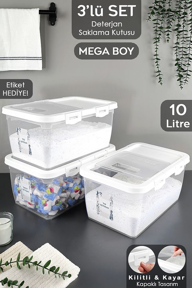 3 Adet Etiketli Deterjan Saklama Kutusu - Kilitli Kayar Kapak Tablet Toz Deterjan Kabı 10 Lt Beyaz - 1