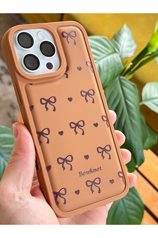 iPhone 16 Pro Max Compatible Case Soft Textured Bow Pattern Brown Soft with Camera Protection - 4