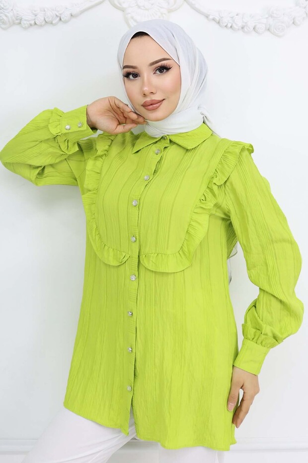 Ruffle Detailed Self Patterned Shirt Pistachio Green 2235