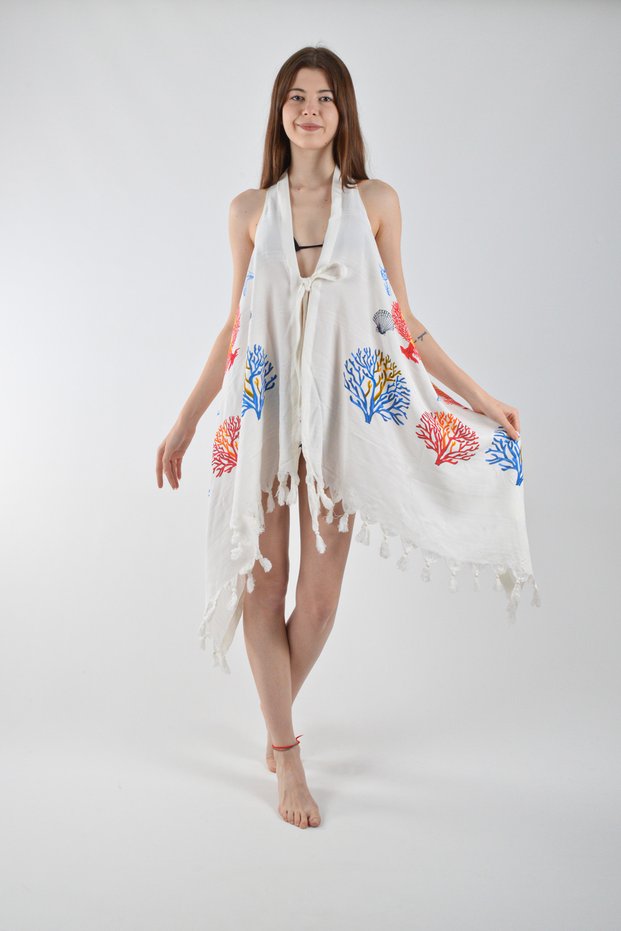 Asymmetrical Viscon Bell Vest Mixed Coral Print Cotton Beachwear 1 Pc Pareo Beachwear