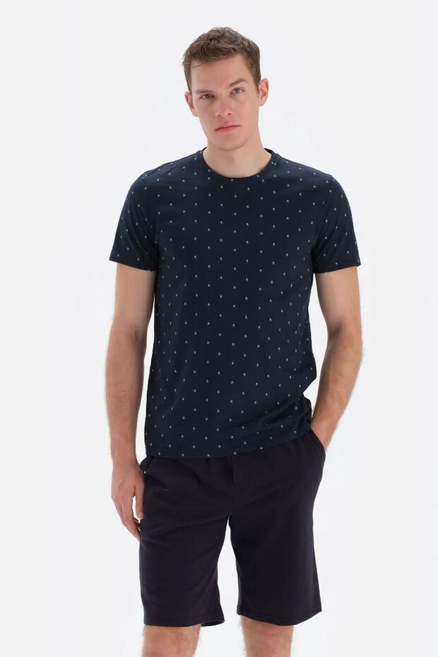 33022 Men's Navy Blue Short Sleeve Round Neck Shorts Pajama Set
