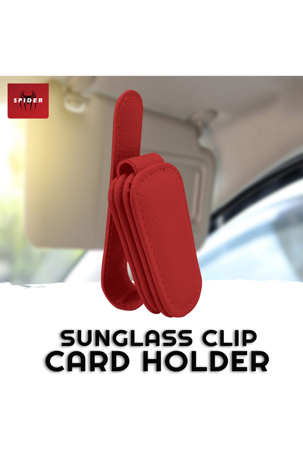 Car Sun Visor Sunglasses Clip & Card Holder – Soft Leather, Scratch-Resistant, Compact Design Red