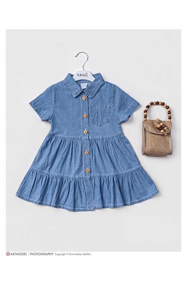 Girl's Straw Beaded Jeans Dress with Bag