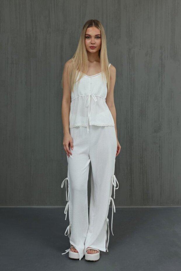 Bow Blouse Set - White - 1