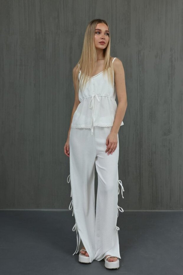 Bow Blouse Set - White - 3