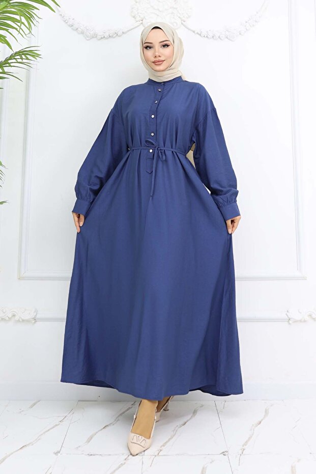 Buttoned Front Tie Dress Navy Blue 2242
