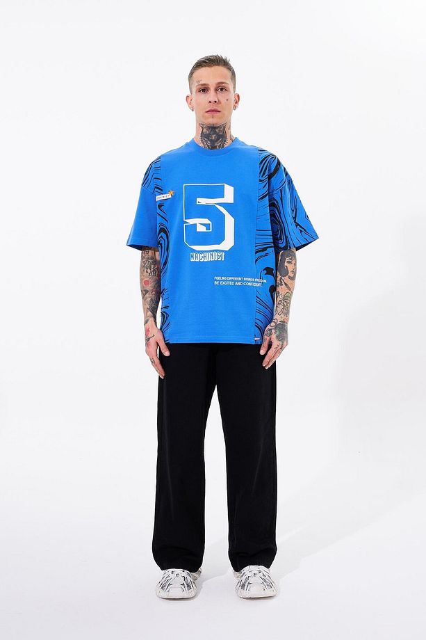 Erkek Number 5 Baskılı Oversize Açık Mavi Tişört - 4