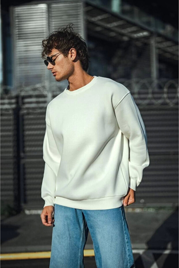 Winter Crew Neck Three Thread Basic Sweatshirt - White - 2