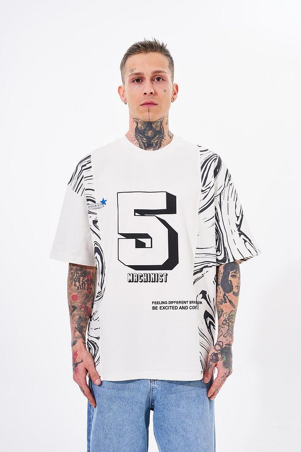 Erkek Number 5 Baskılı Oversize Ekru Tişört - 2