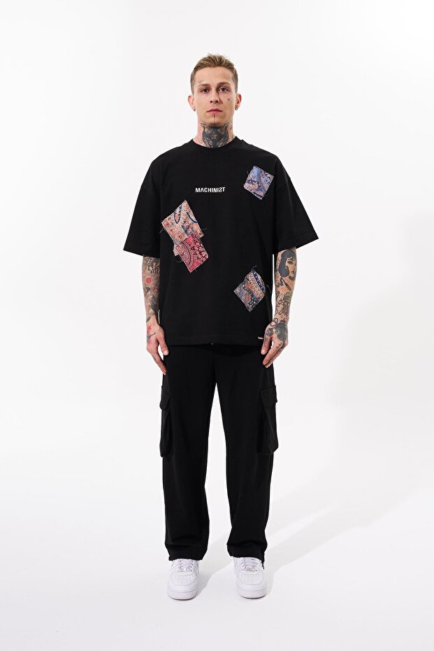 Erkek Patchwork Oversize Siyah Tişört - 5