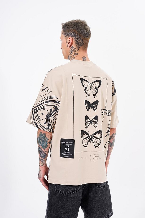 Erkek Number 5 Baskılı Oversize Açık Bej Tişört - 1