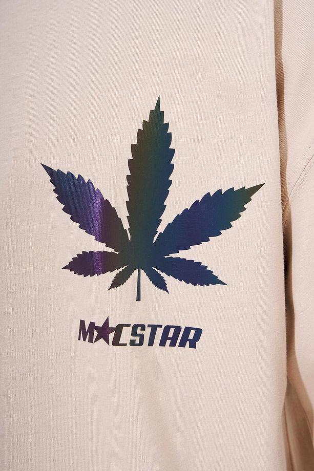 Erkek Macstar Leaf Baskılı Oversize Açık Bej Tişört - 3