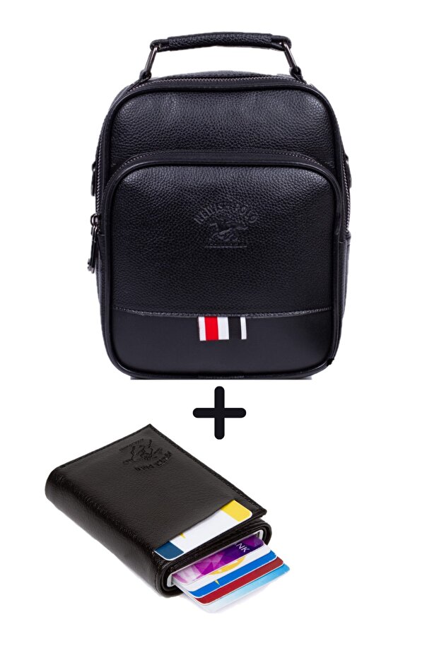 Men's Black Leather Mechanism Wallet and Casual Shoulder Handbag