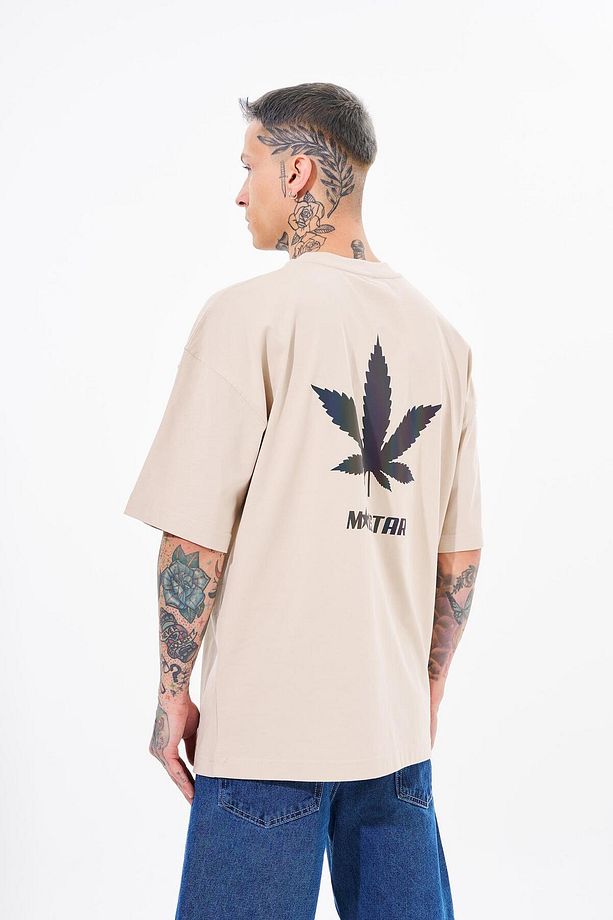 Erkek Macstar Leaf Baskılı Oversize Açık Bej Tişört - 1