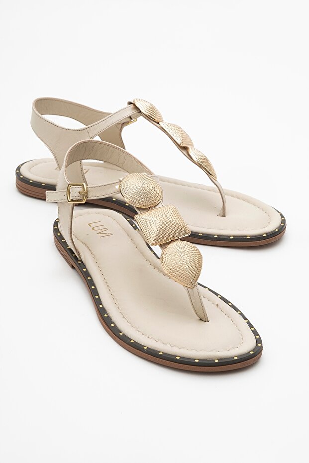 Helen Beige Genuine Leather Flip Flops Gold Buckle Women's Sandals