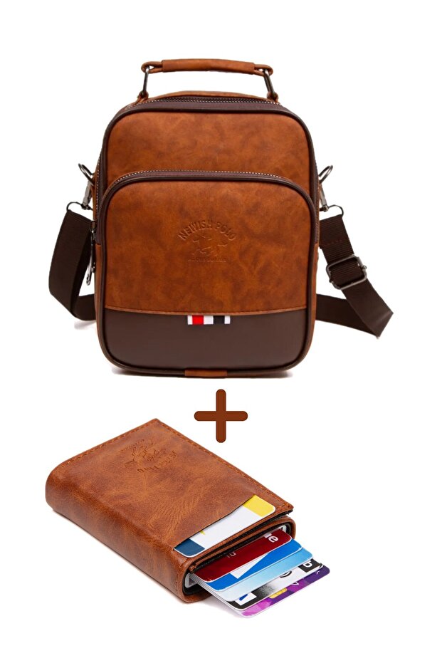 Men's Tan Leather Mechanism Wallet and Daily Shoulder Handbag